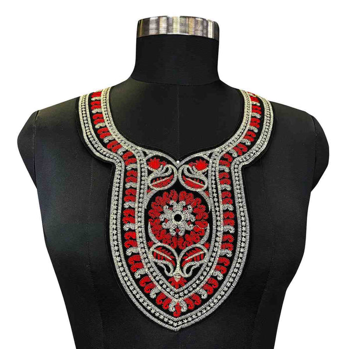 Red color embroidered ethnic neckline by Ani Accessories with rich detailing and traditional patterns for kurti wear