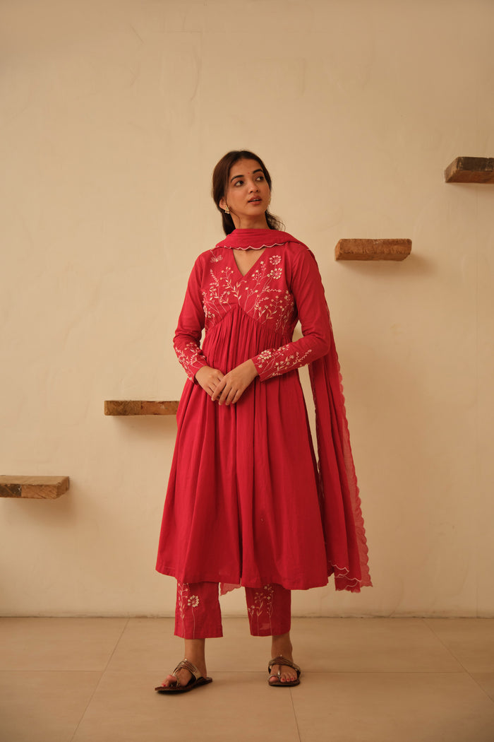 Red Floral Hand Embroidered Cotton Kurta Set