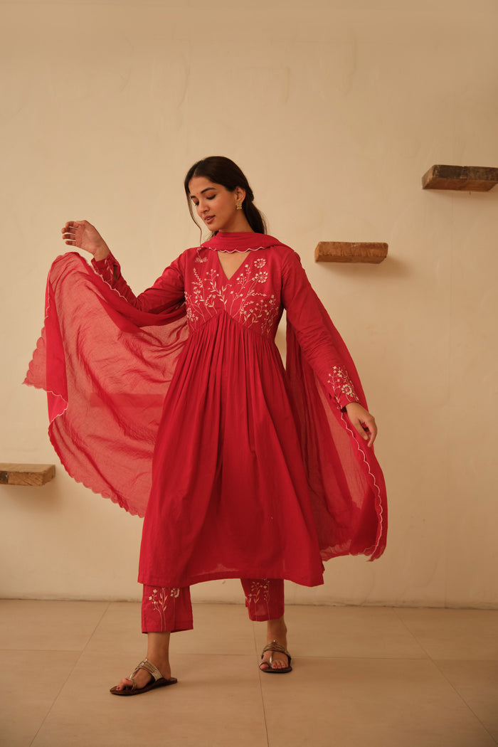 Red Floral Hand Embroidered Cotton Kurta Set