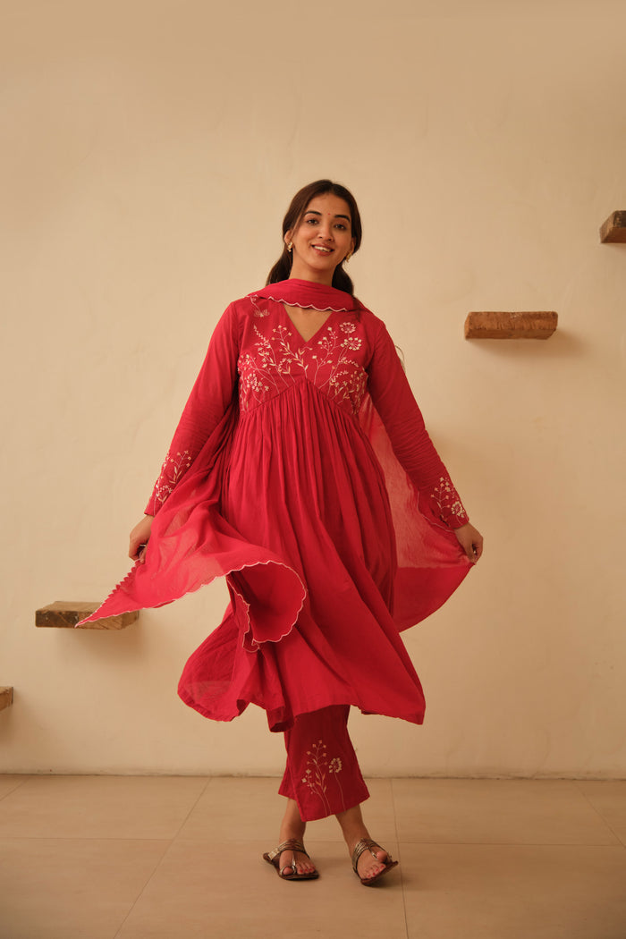 Red Floral Hand Embroidered Cotton Kurta Set