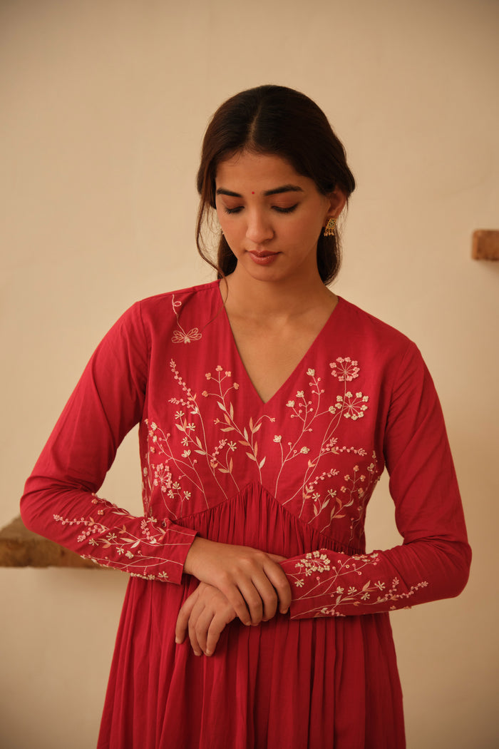 Red Floral Hand Embroidered Cotton Kurta Set