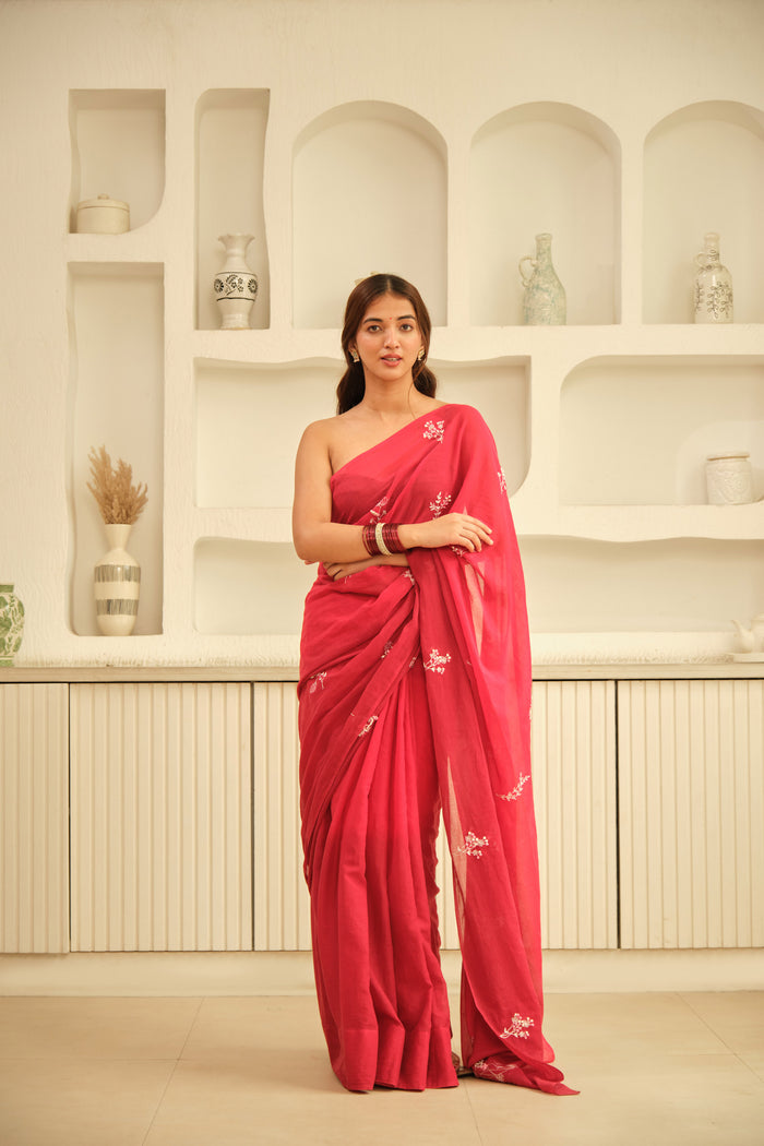 Red Floral Hand Embroidered Cotton Sari