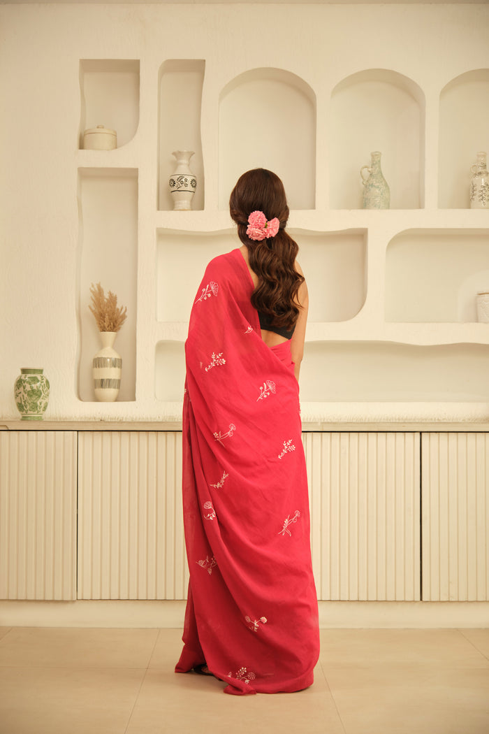 Red Floral Hand Embroidered Cotton Sari