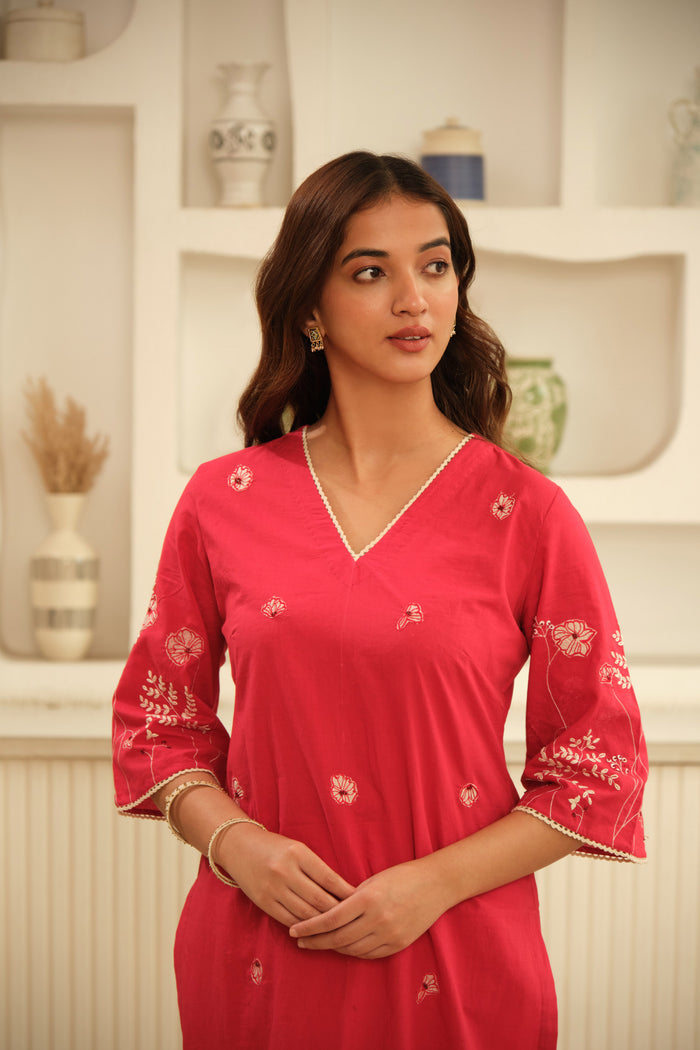Red Hand Embrodiery with Lace details cotton kurta set