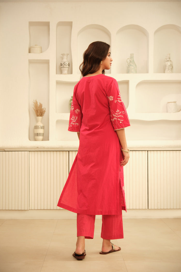 Red Hand Embrodiery with Lace details cotton kurta set
