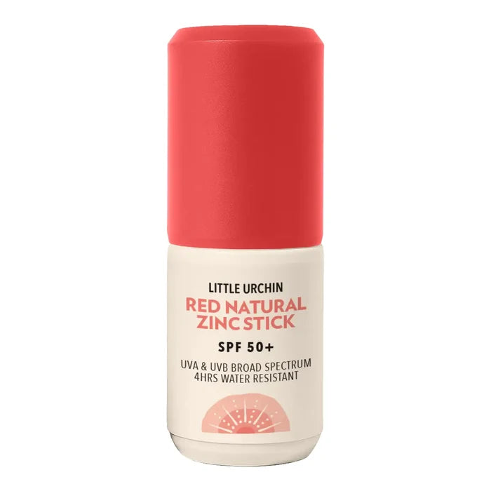 Little Urchin Red Natural Zinc Stick SPF 50+ sunscreen stick with a coral red cap and white label.