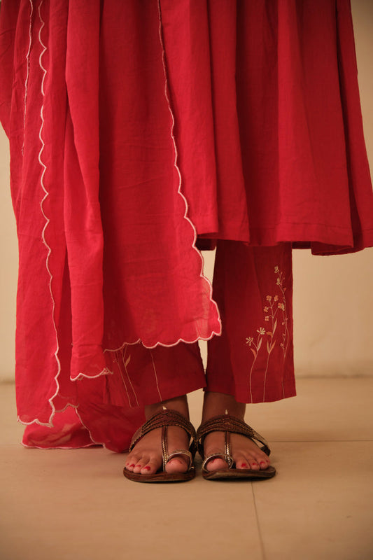 Red Scalloped Cotton Dupatta