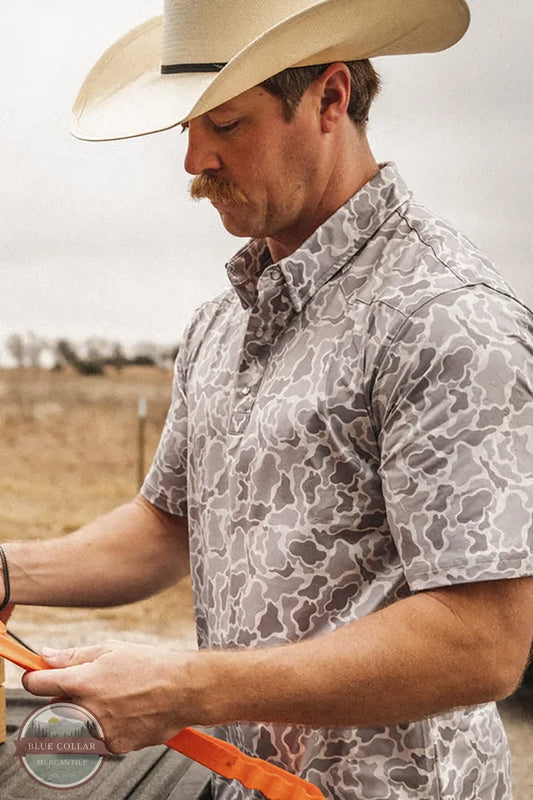 Vexil Brand - Western Pearl Snap Polo - Retro Camo | White front view
