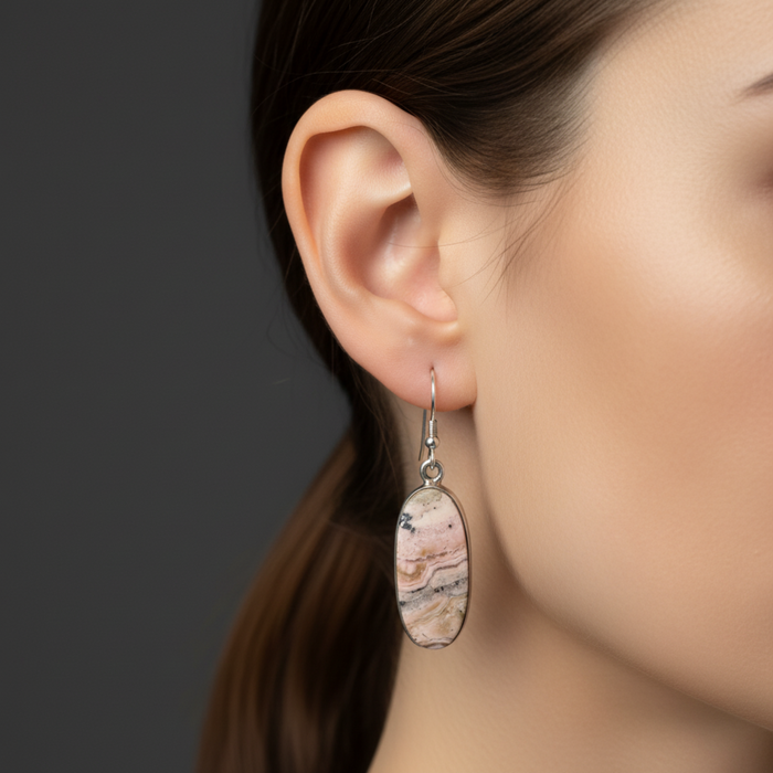 Rhodonite Earrings Pink Oval Elegant Love Gem Sterling Silver