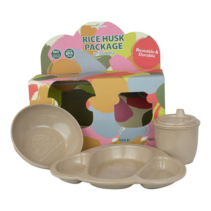 EcoSouLife Rice Husk Baby Set 3 Pack, including baby bowl, plate, and cup made of biodegradable rice husk.