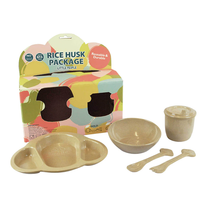 EcoSouLife Rice Husk Baby Set 5 Pack, including baby bowl, plate, cup, and cutlery made of biodegradable rice husk.