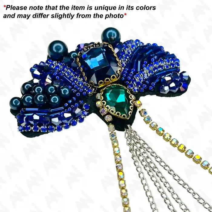 Ani Accessories sapphire sequins bead handmade chain patch infographic showing design details and craftsmanship