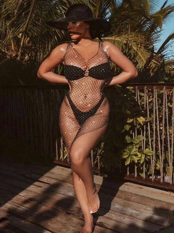 Sexy Fishnet Diamond Beach Dress Without Bikini Set