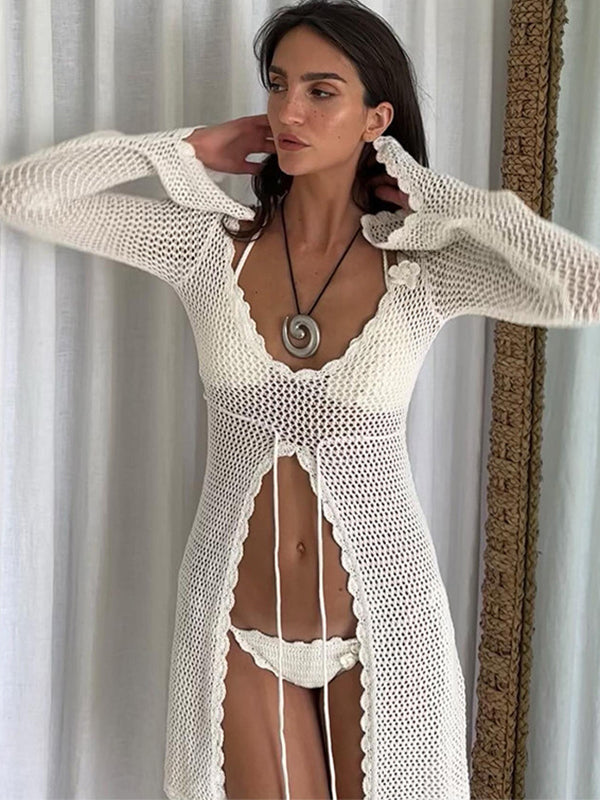 Sexy Fishnet Lace-up Hollow Out Without Bikini Set Swimwear Cover Dress