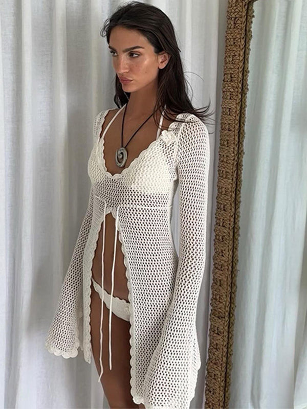 Sexy Fishnet Lace-up Hollow Out Without Bikini Set Swimwear Cover Dress