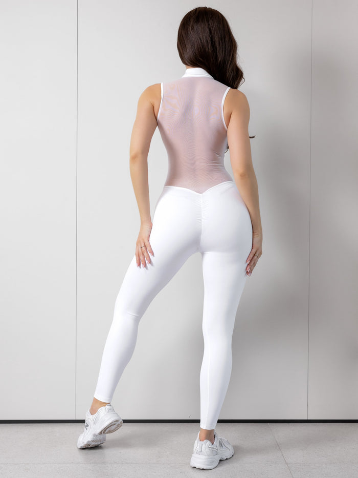 Sexy Sheer Mesh Back Deep V Back Scrunch Bum Zipper Jumpsuit