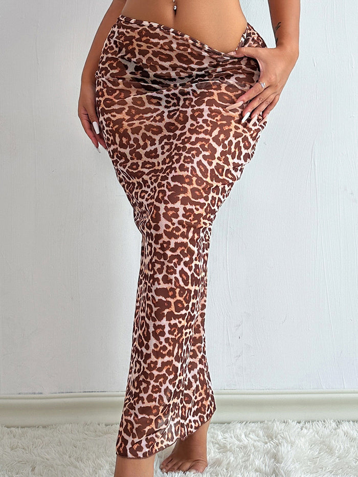 Sexy Sheer Mesh Leopard Print Without Bikini Set Swimwear Cover Dress