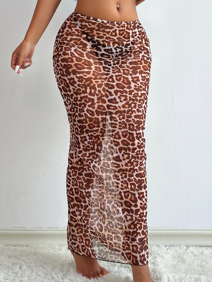 Sexy Sheer Mesh Leopard Print Without Bikini Set Swimwear Cover Dress
