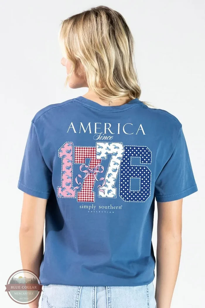 Simply Southern MINWASH-AMERICA-OVRCST America 1776 Short Sleeve Shirt on model, back shown