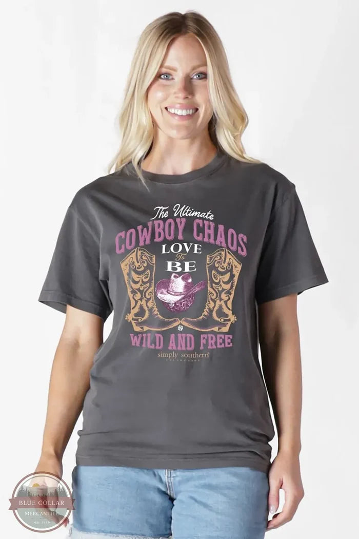 Simply Southern MINWASH-CHAOS-GRPHT Cowboy Chaos Short Sleeve Shirt on model front view
