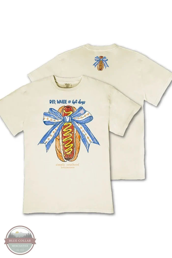 Simply Southern MINWASH-DOG-BONE Red, White &amp; Hot Dog Short Sleeve Shirt front and back of shirt shown