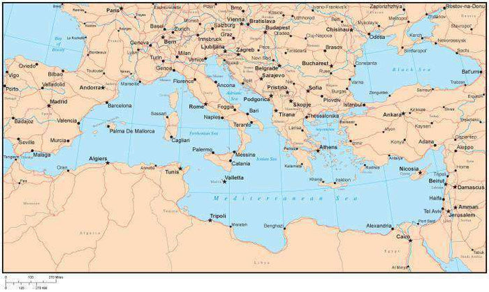 Single Color Mediterranean Map with Countries, Capitals, Major Cities and Water Features