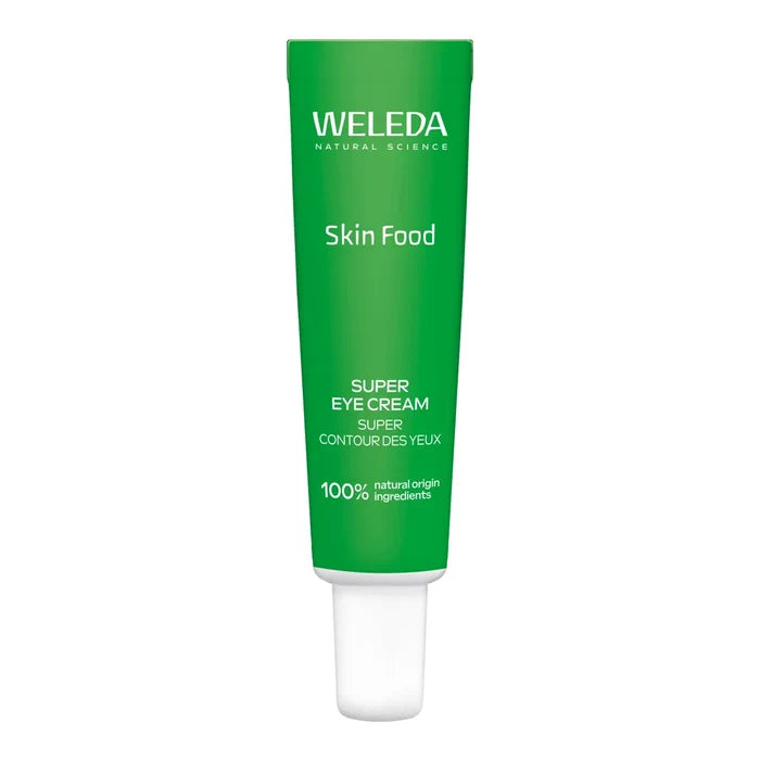 A green squeeze tube of Weleda Skin Food Super Eye Cream with a white cap, centered on a plain white background.