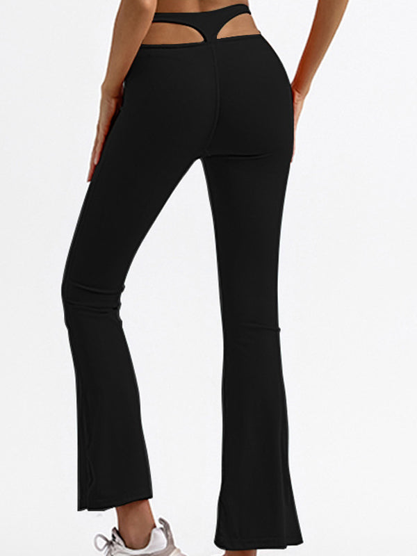 Solid Color High-waisted Hollow Out Flare Pants