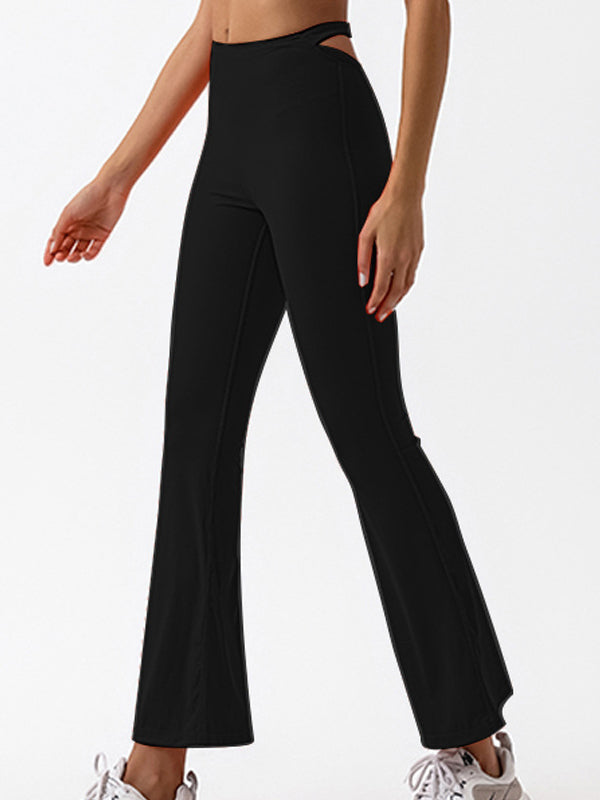Solid Color High-waisted Hollow Out Flare Pants