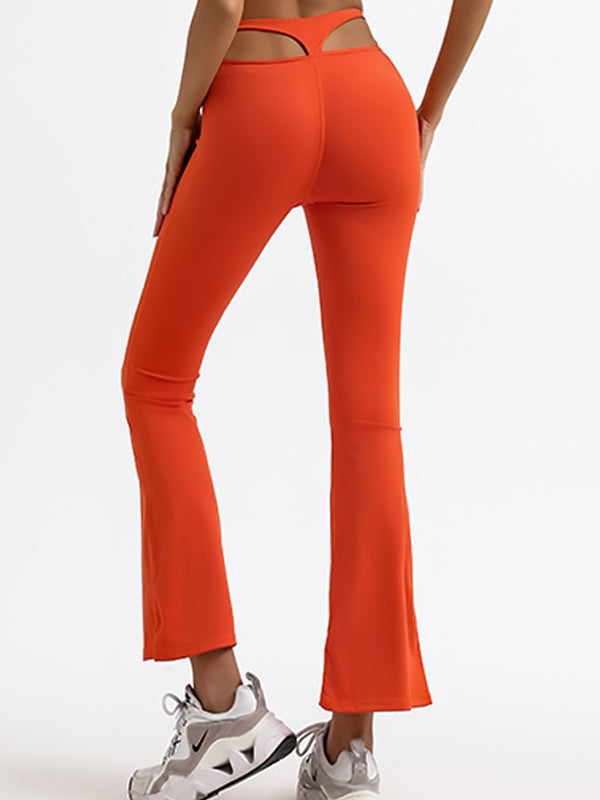 Solid Color High-waisted Hollow Out Flare Pants