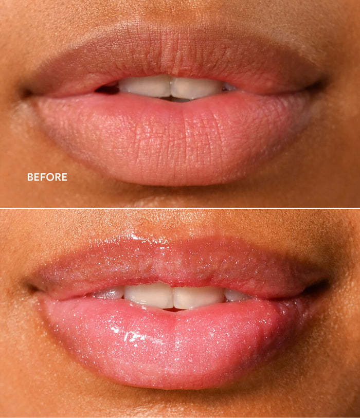 Close-up before-and-after comparison of lips wearing a pink lip product. The top panel shows dry, matte pink lips labeled 'BEFORE,' and the bottom panel shows glossy, hydrated pink lips.