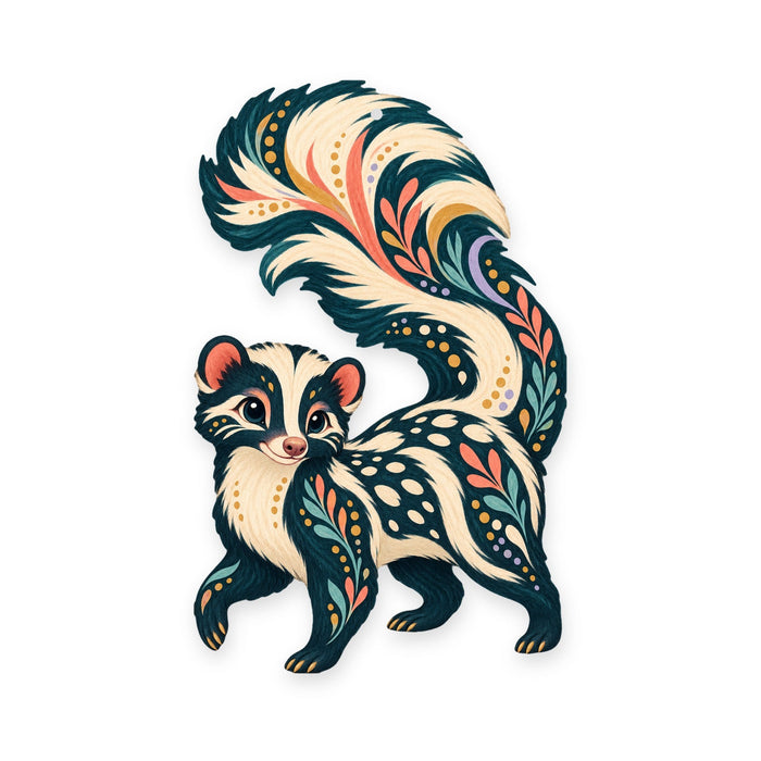 Spotted Skunk folk art ornament O271 on white, laser-cut maple wood, made in USA