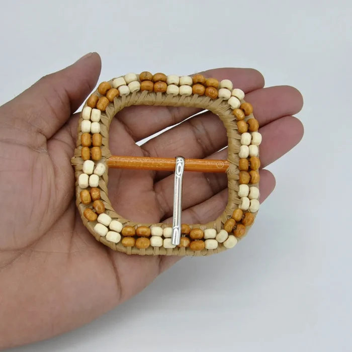 Ani Accessories handmade square raffia buckle with cream and brown beads 2.9 inch belt bag DIY craft decor