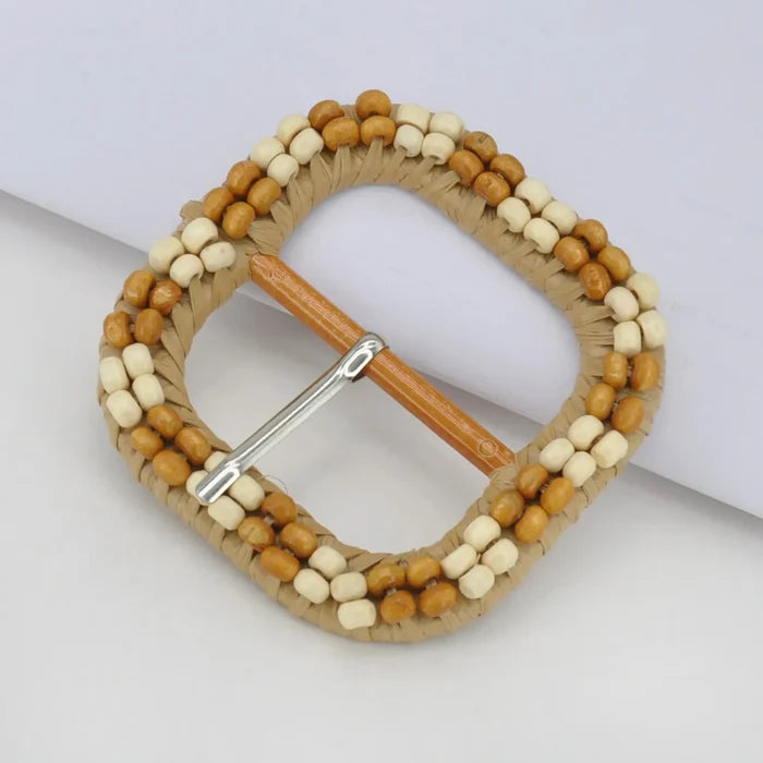 Ani Accessories square raffia buckle with cream brown beads 2.9 inch straw buckle for belts bags DIY craft