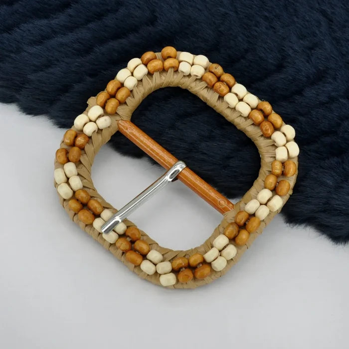 Ani Accessories handmade square raffia buckle cream brown beads 2.9 inch straw woven buckle belt bag DIY