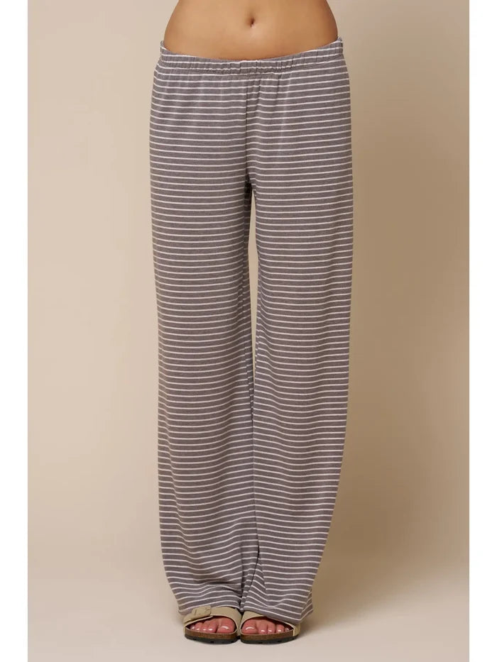 Stripe Print Pants w/ Contrast Elastic Waist
