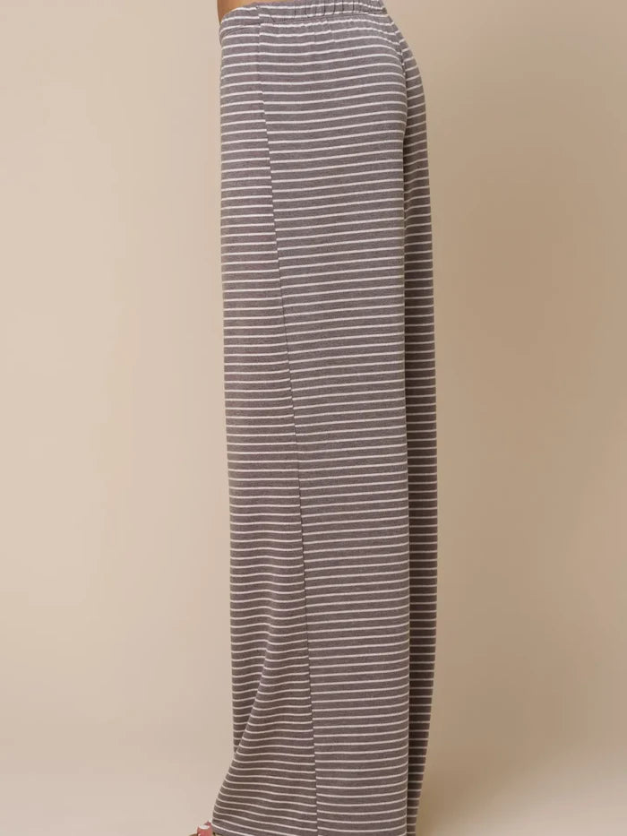 Stripe Print Pants w/ Contrast Elastic Waist