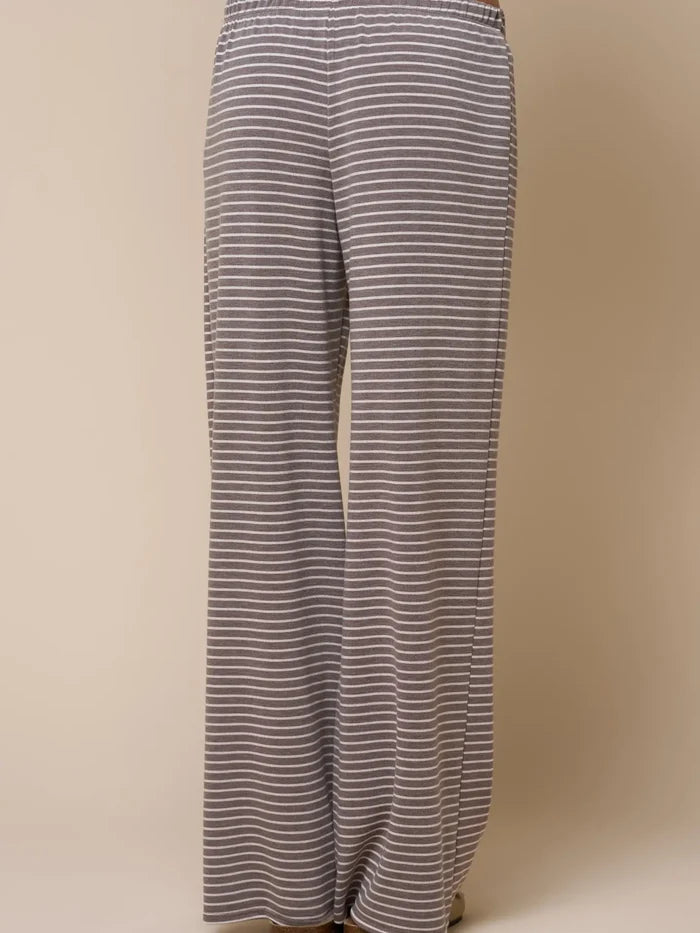 Stripe Print Pants w/ Contrast Elastic Waist