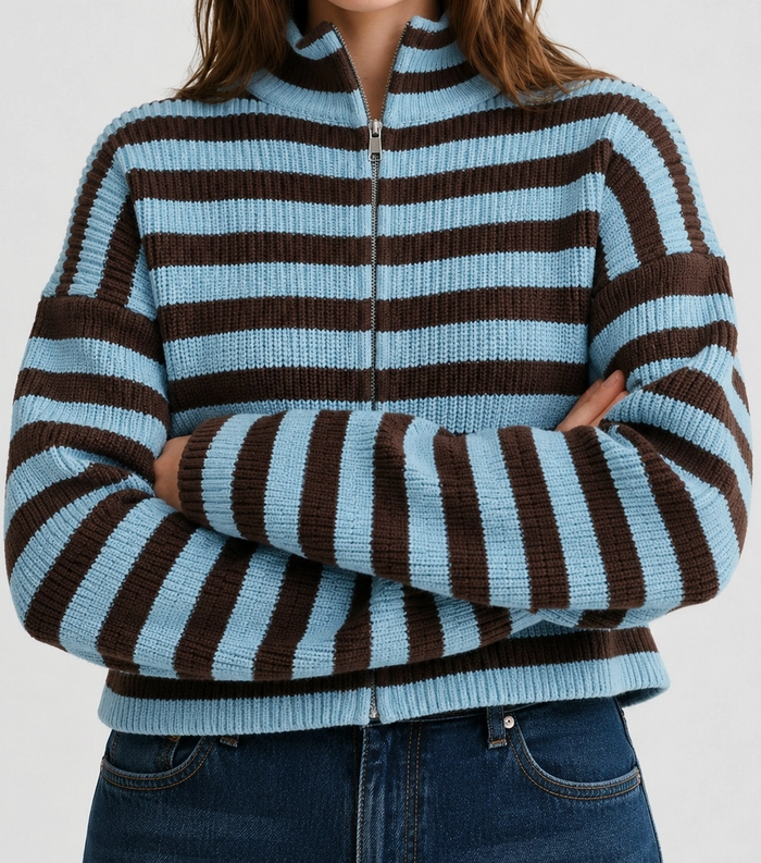 Striped Zip up Knit Sweater