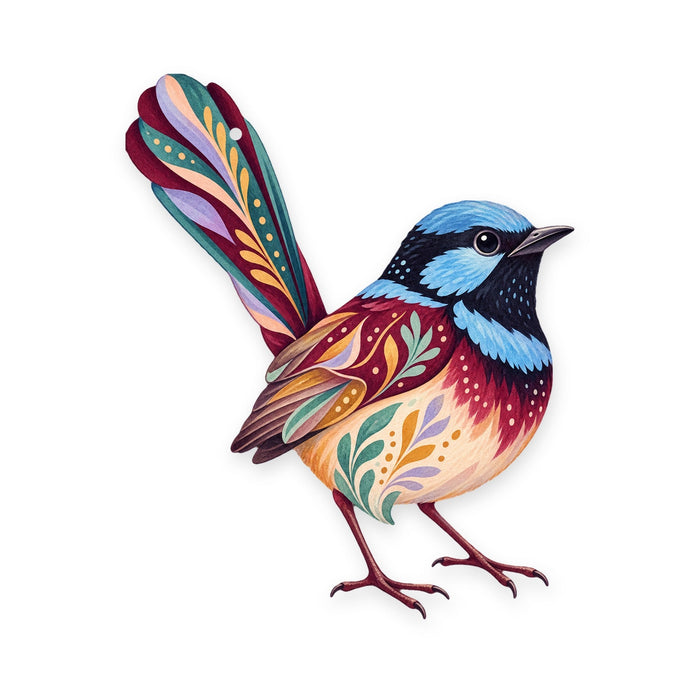 Superb Fairywren folk art ornament O526 on white, laser-cut maple wood, made in USA