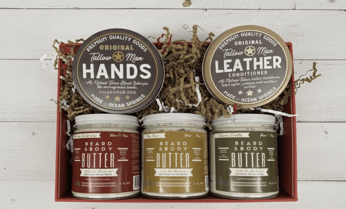 Alt Tag: Tallow Man Deluxe Gift Set – Beard Butter Trio, Hand Salve & Leather Conditioner | Premium Men's Grooming with beard butters
