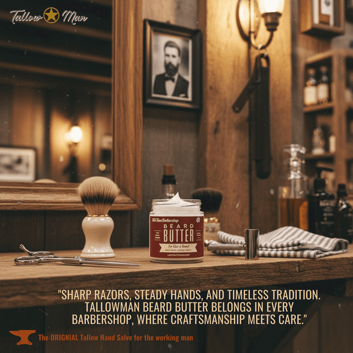 Tallow Man Deluxe Gift Set – Beard Butter Trio, Hand Salve & Leather Conditioner | Premium Men's Grooming beard butter in vintage barbershop scene