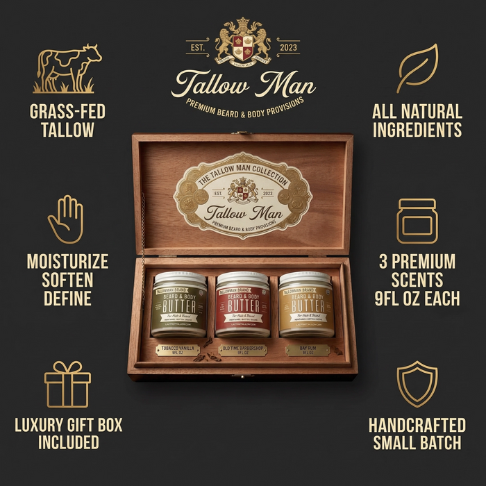 Tallow Man Deluxe Gift Set – Beard Butter Trio, Hand Salve & Leather Conditioner | Premium Men's Grooming
