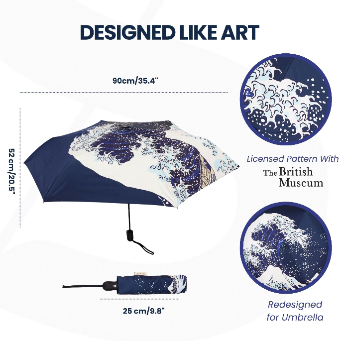 UM-AUTO-BM-WAVE | The British Museum - Great Wave off Kanagawa Navy Blue Automatic Folding Umbrella