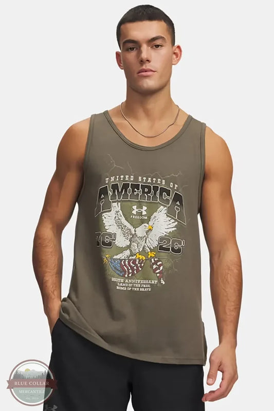 Men's Under Armour 6014691-390 UA Freedom 1776 Tank Top Marine OD Green/White front view
