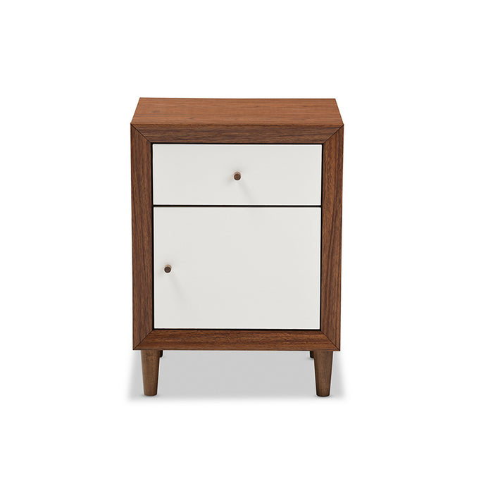 Urban Designs Harlow White and Walnut Wood 1-drawer and 1-door Nightstand