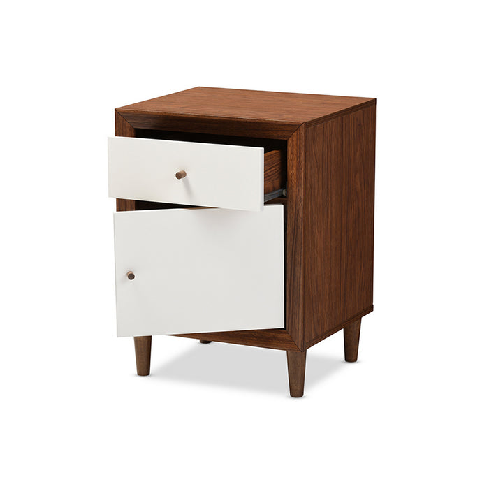 Urban Designs Harlow White and Walnut Wood 1-drawer and 1-door Nightstand