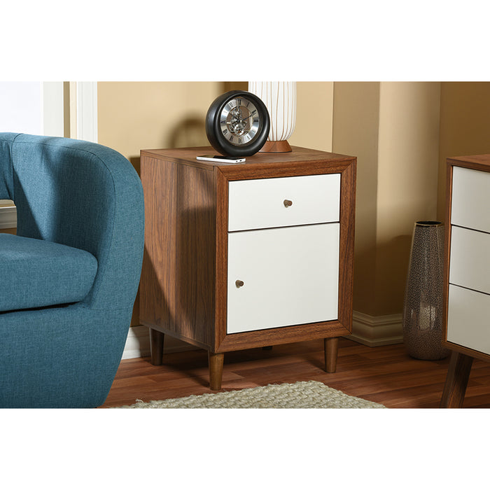 Urban Designs Harlow White and Walnut Wood 1-drawer and 1-door Nightstand