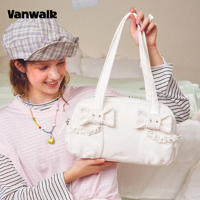 VANWALK Cocoa Pie Series Double Bow Design Underarm Bowler Soft Canvas Bags Shoulder Bag V3110