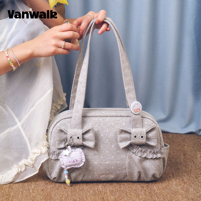 VANWALK Cocoa Pie Series Double Bow Design Underarm Bowler Soft Canvas Bags Shoulder Bag V3110